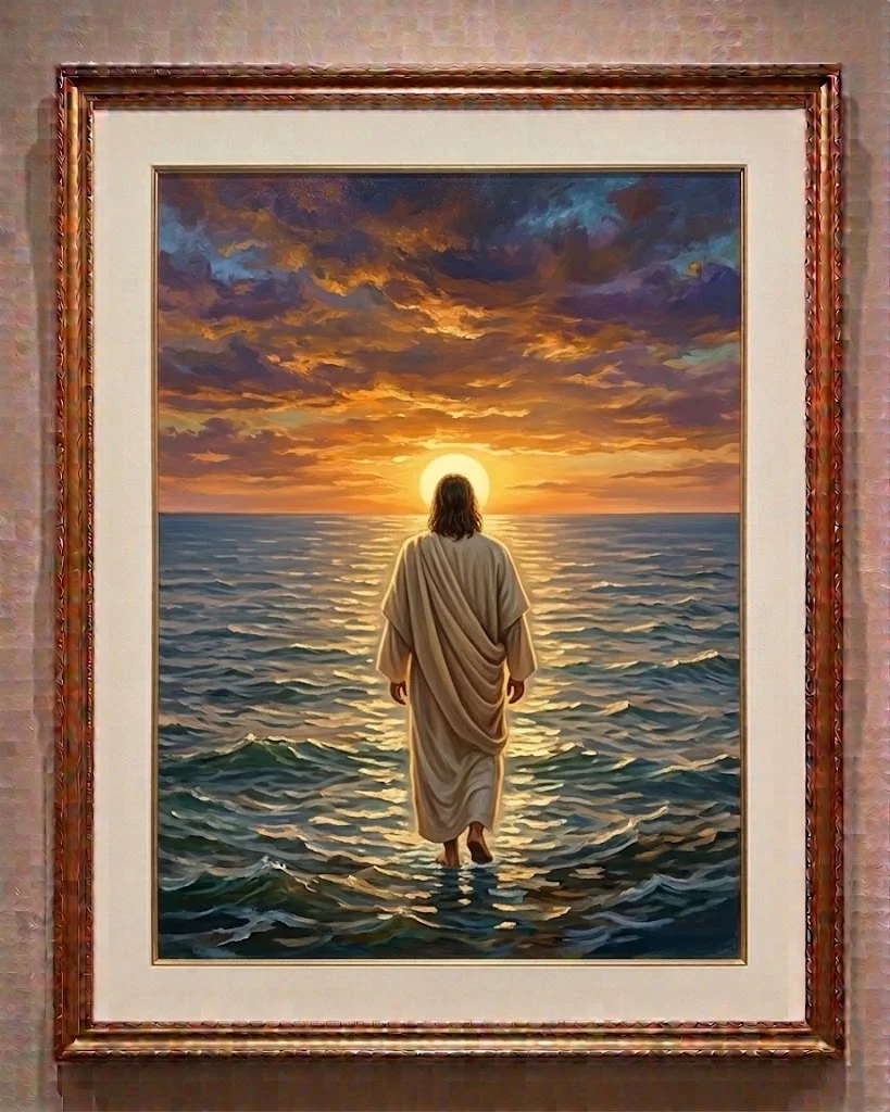 Jesús caminando sobre el mar al atardecer, cuadro enmarcado