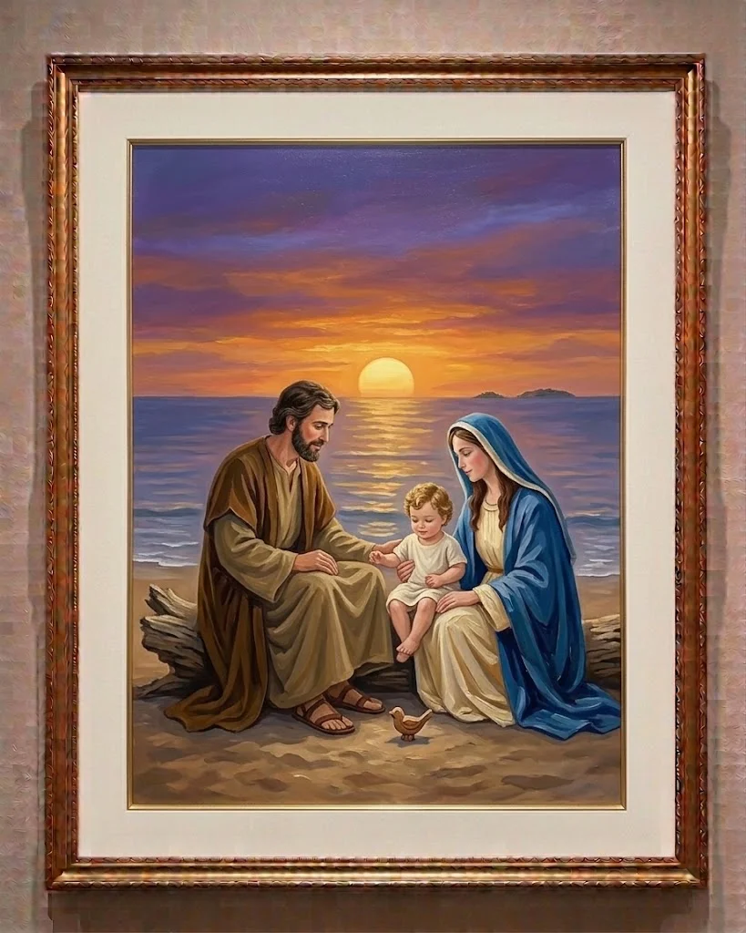 Sagrada Familia junto al mar, cuadro pintado