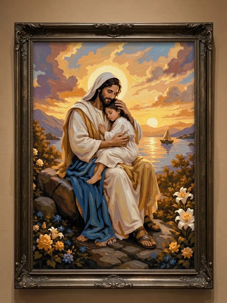 Jesús con una niña, obra enmarcada