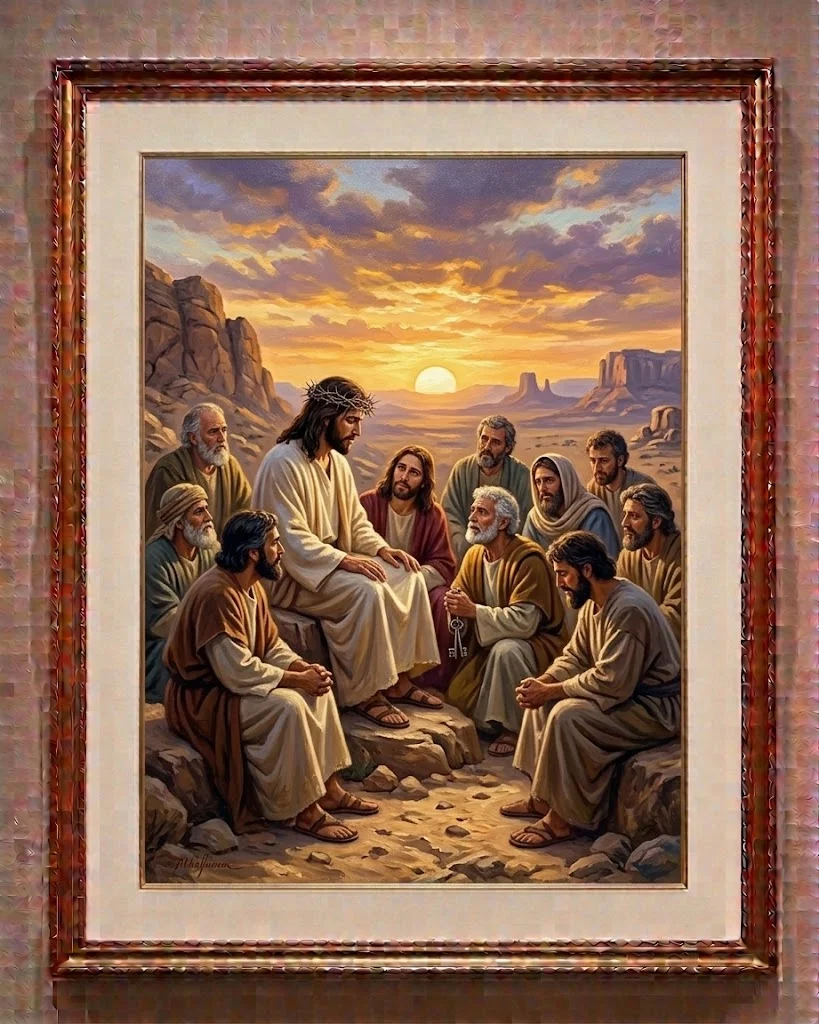 Jesús enseñando a los discípulos, escena bíblica enmarcada