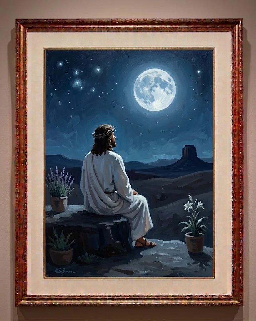 Jesús contemplando la luna llena, obra enmarcada