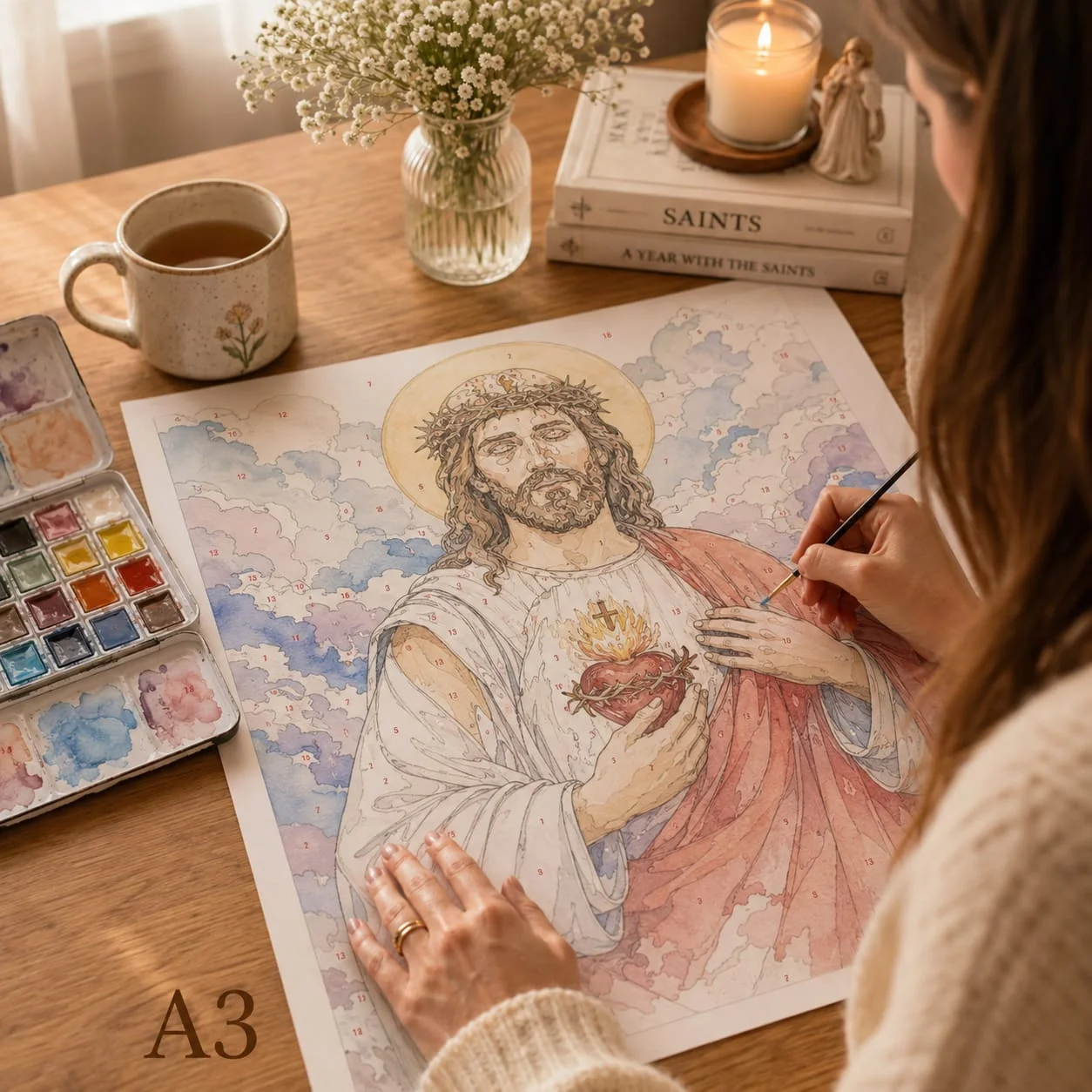 Persona pintando un diseño religioso impreso