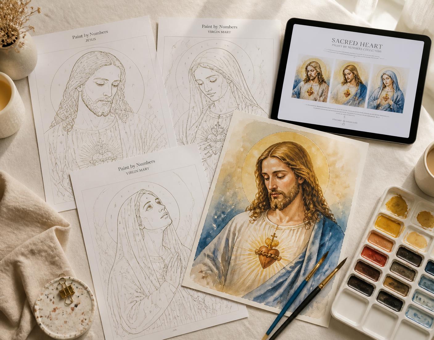 Diseños de Jesús y la Virgen María impresos, pinceles y acrílicos sobre una mesa