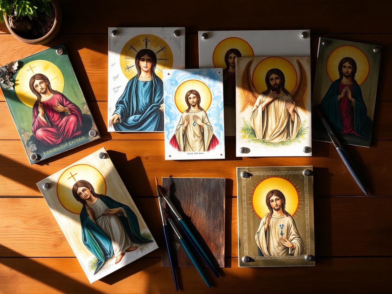Obras religiosas pintadas a mano sobre una mesa de trabajo