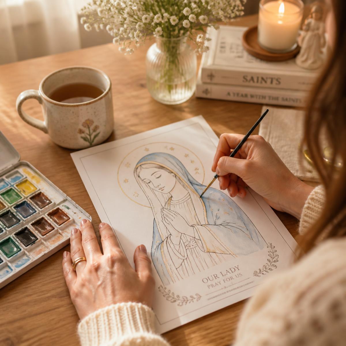 Persona pintando un diseño religioso impreso